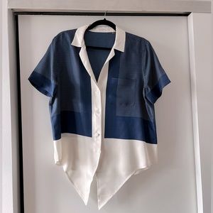 Equipment Silk Short Sleeve Collared Blouse with Front Tie, Size M